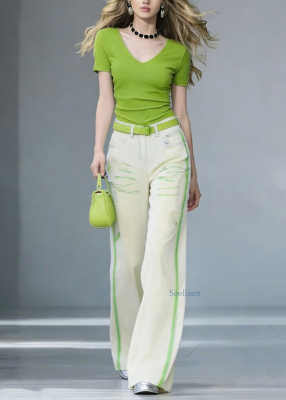 Women V Neck Cotton T Shirt And Jeans Two Pieces Set Summer