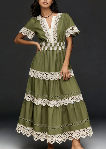 Women V Neck Hollow Out Lace Patchwork Cotton Dresses Summer