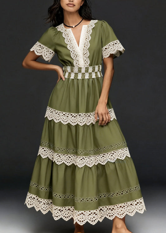 Women V Neck Hollow Out Lace Patchwork Cotton Dresses Summer