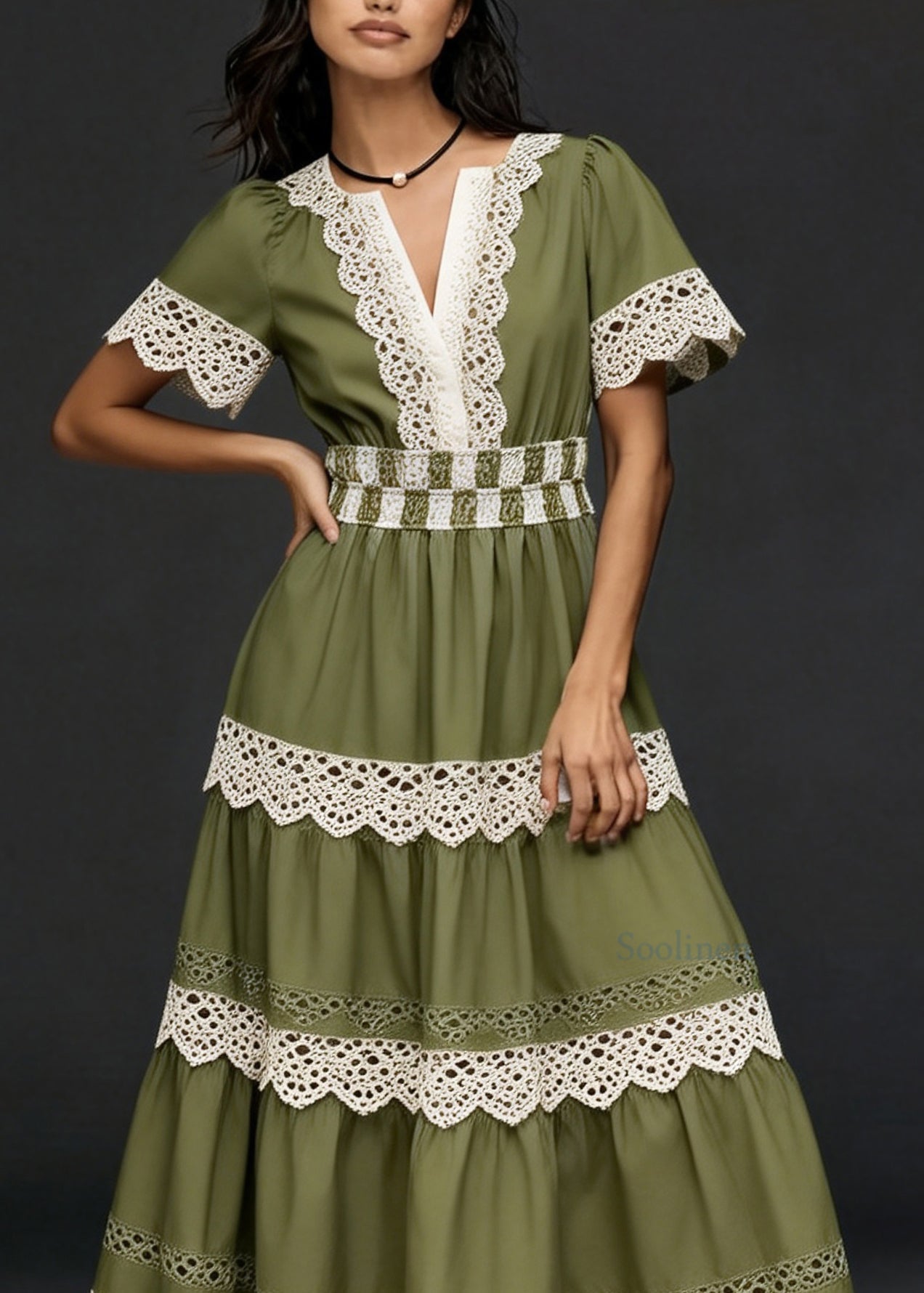 Women V Neck Hollow Out Lace Patchwork Cotton Dresses Summer