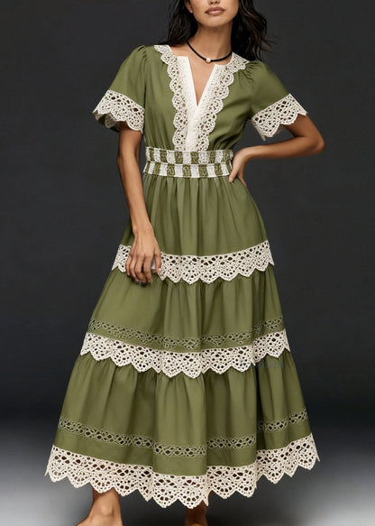 Women V Neck Hollow Out Lace Patchwork Cotton Dresses Summer
