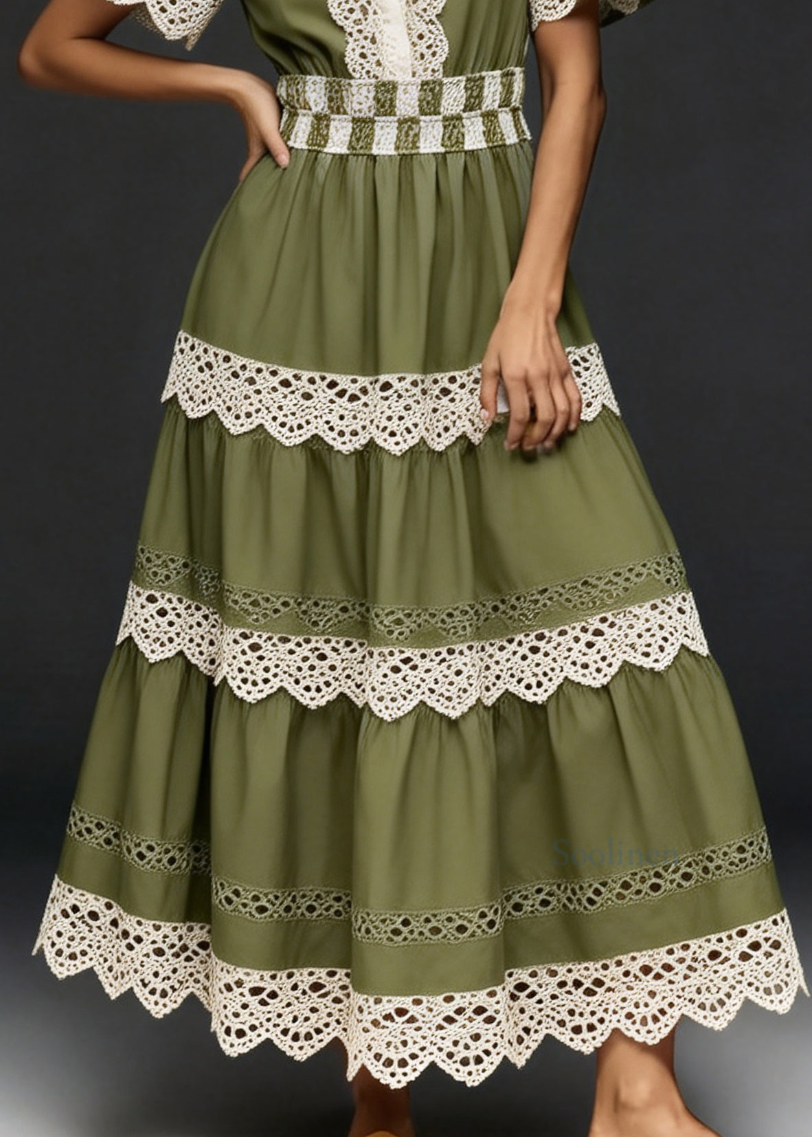 Women V Neck Hollow Out Lace Patchwork Cotton Dresses Summer