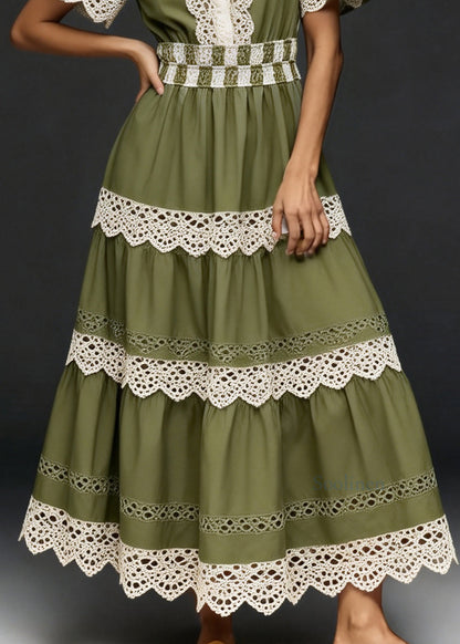 Women V Neck Hollow Out Lace Patchwork Cotton Dresses Summer