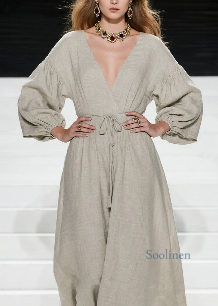 Vestido largo de algodón con cuello en V y cordones para mujer, de primavera