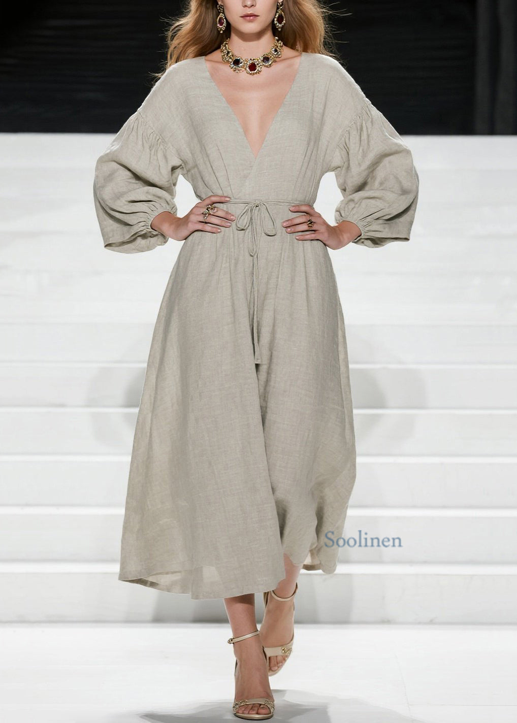 Vestido largo de algodón con cuello en V y cordones para mujer, de primavera