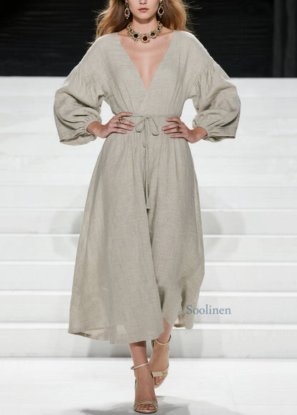Vestido largo de algodón con cuello en V y cordones para mujer, de primavera
