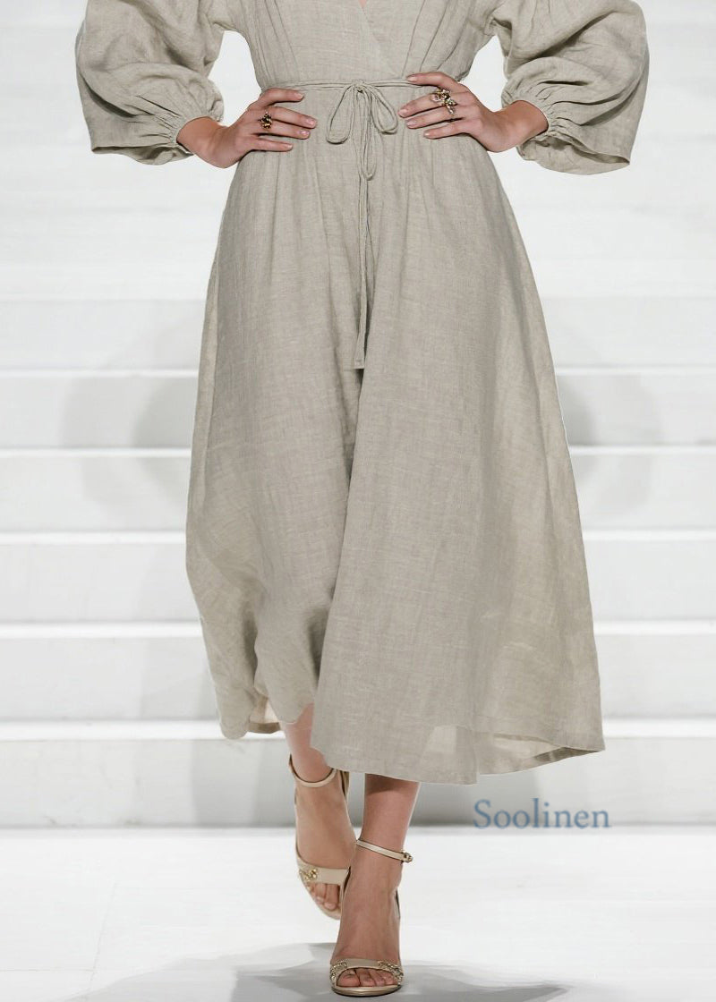 Vestido largo de algodón con cuello en V y cordones para mujer, de primavera