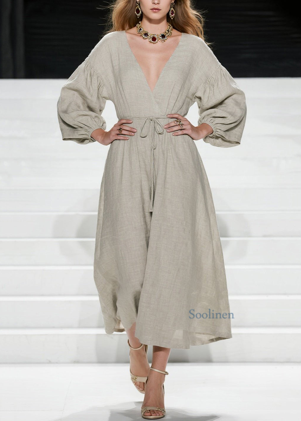 Vestido largo de algodón con cuello en V y cordones para mujer, de primavera