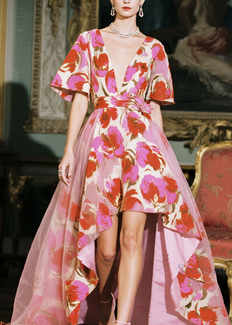 Women V Neck Low High Design Print Chiffon Dresses Summer
