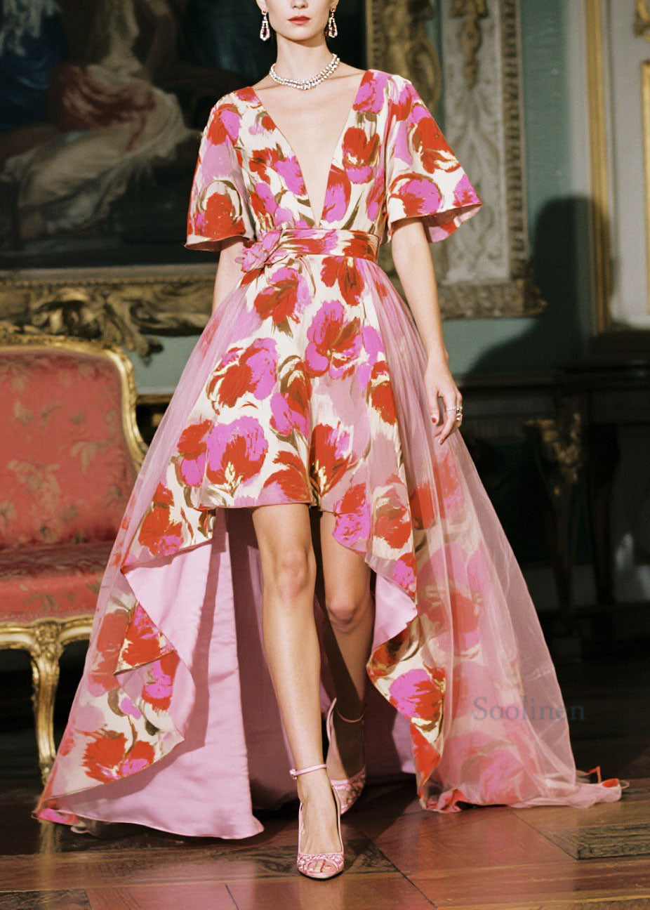 Women V Neck Low High Design Print Chiffon Dresses Summer