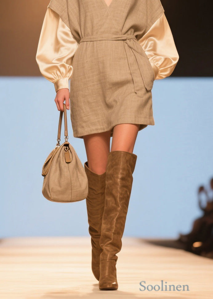 Women V Neck Patchwork Linen Silk Mid Dresses Spring