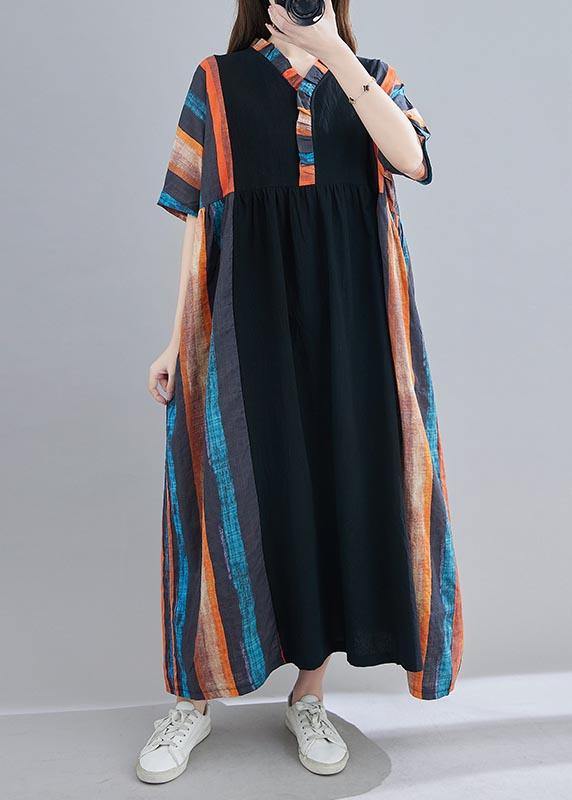 Women V Neck Patchwork Summer Dress Outfits Multicolor Striped Maxi Dress - SooLinen