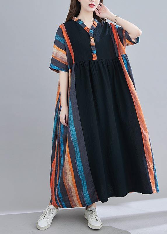 Women V Neck Patchwork Summer Dress Outfits Multicolor Striped Maxi Dress - SooLinen