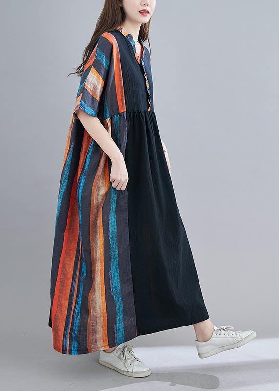 Women V Neck Patchwork Summer Dress Outfits Multicolor Striped Maxi Dress - SooLinen