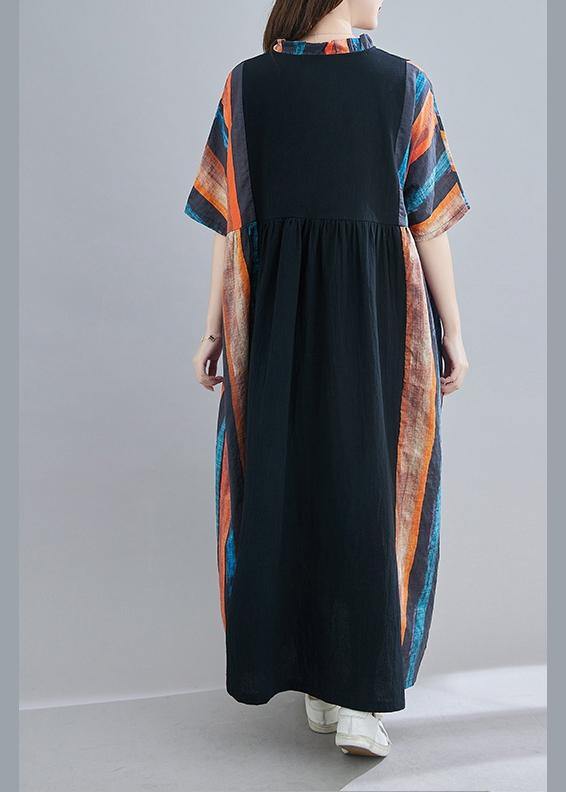 Women V Neck Patchwork Summer Dress Outfits Multicolor Striped Maxi Dress - SooLinen