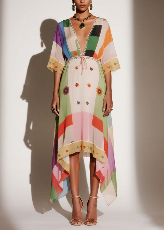 Women V Neck Print Asymmetrical Chiffon Long Dresses Summer