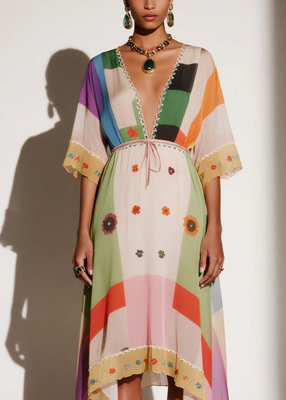 Women V Neck Print Asymmetrical Chiffon Long Dresses Summer
