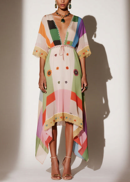 Women V Neck Print Asymmetrical Chiffon Long Dresses Summer