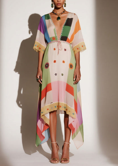 Women V Neck Print Asymmetrical Chiffon Long Dresses Summer
