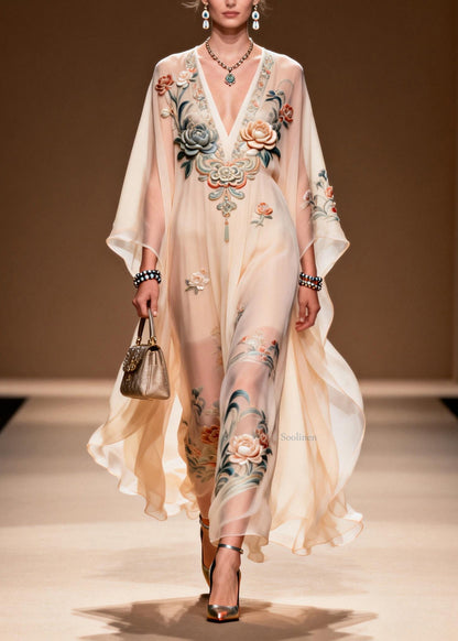 Women V Neck Print Chiffon Long Dress Spring