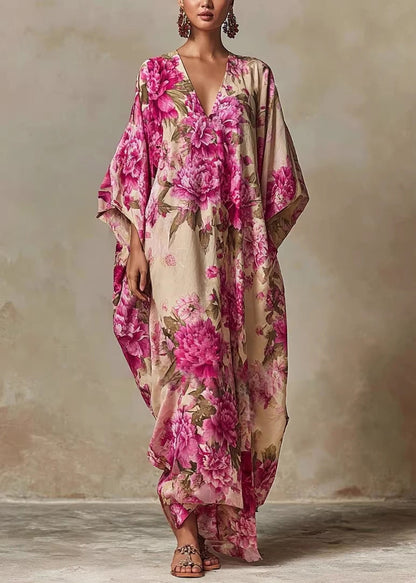 Women V Neck Print Cotton Robe Dresses Summer