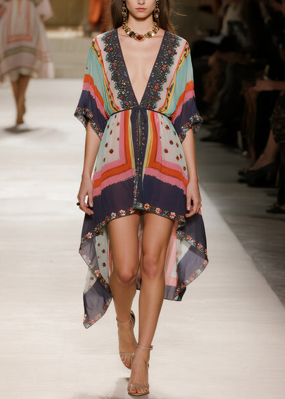 Women V Neck Print Low High Design Chiffon Dress Summer