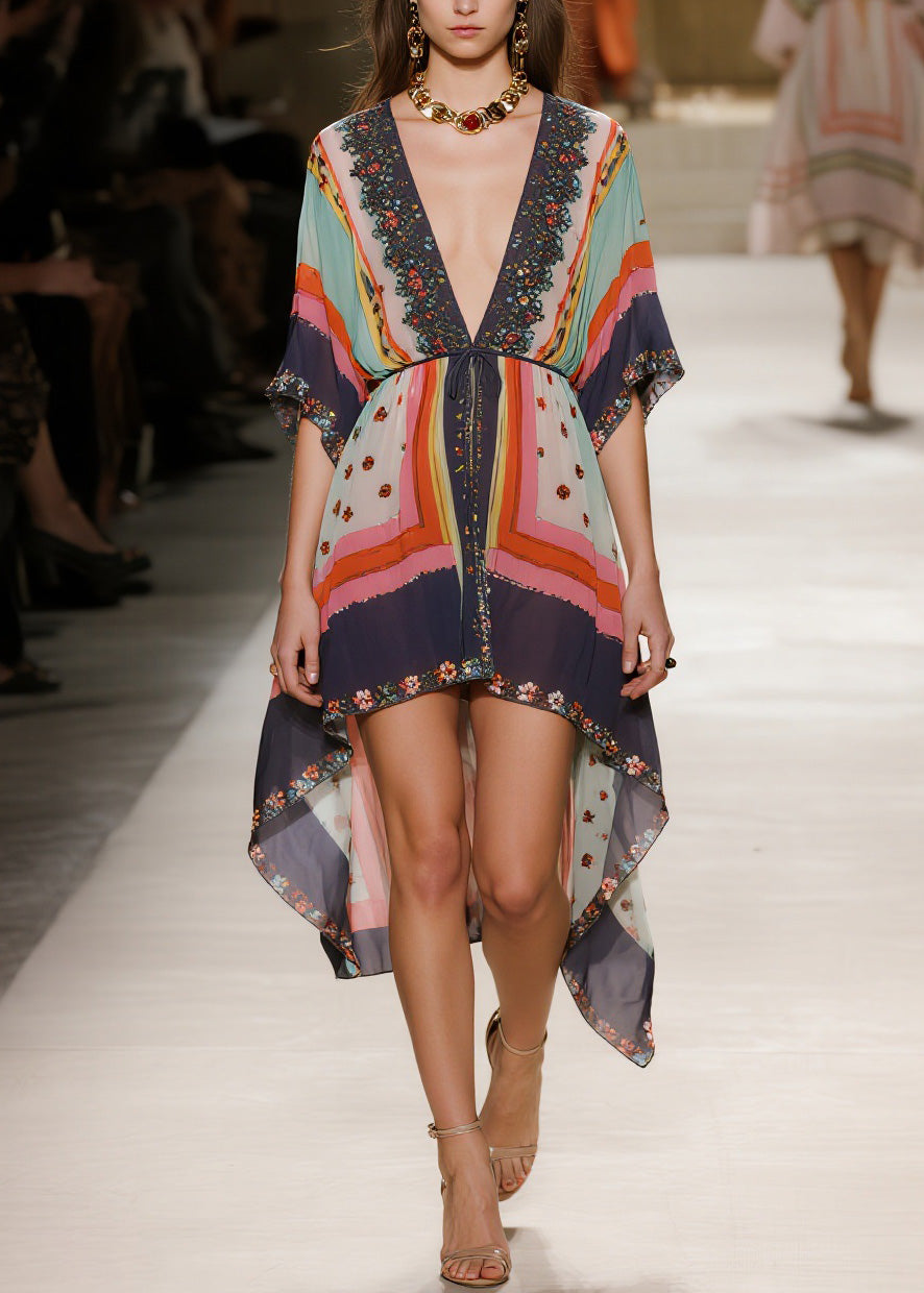 Women V Neck Print Low High Design Chiffon Dress Summer