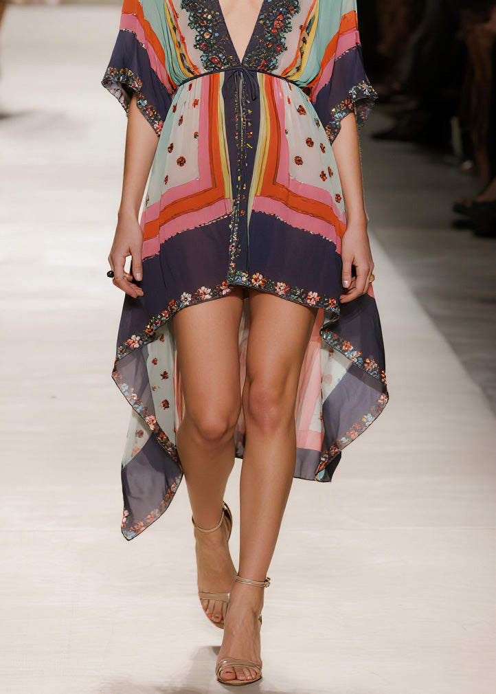 Women V Neck Print Low High Design Chiffon Dress Summer