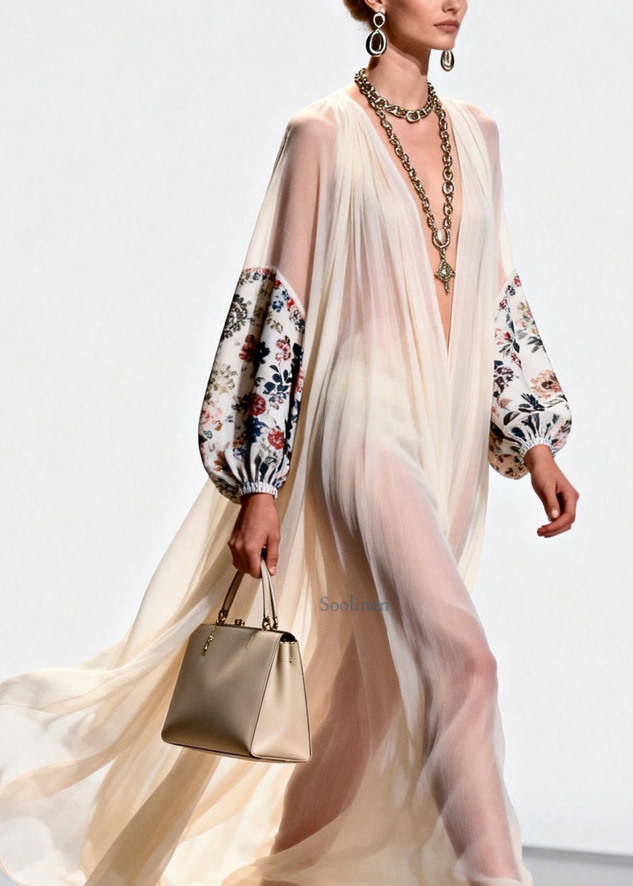 Women V Neck Print Patchwork Chiffon Dress Spring