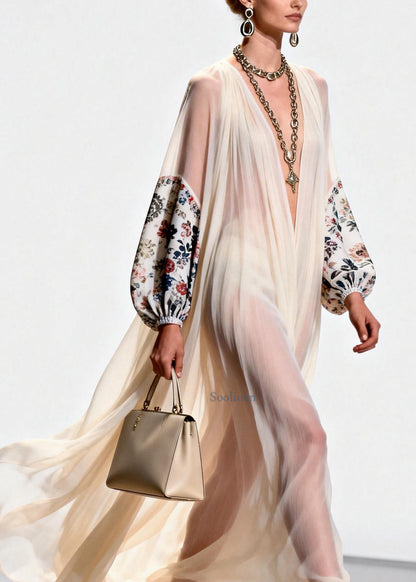 Women V Neck Print Patchwork Chiffon Dress Spring