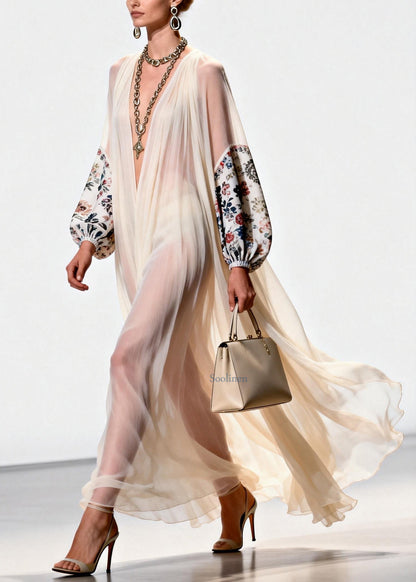 Women V Neck Print Patchwork Chiffon Dress Spring