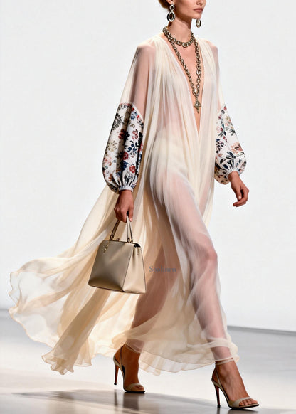 Women V Neck Print Patchwork Chiffon Dress Spring