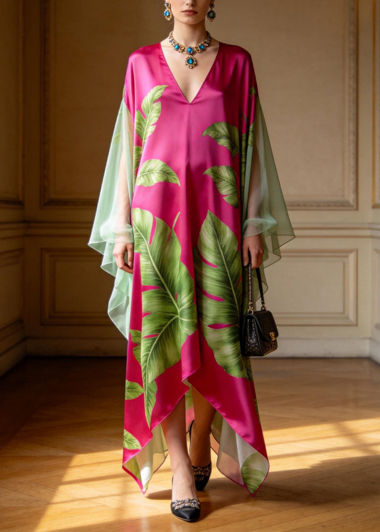 Women V Neck Print Patchwork Chiffon Maxi Dresses Summer