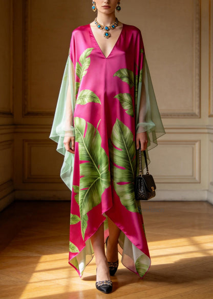 Women V Neck Print Patchwork Chiffon Maxi Dresses Summer
