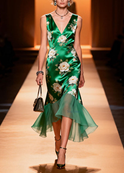 Women V Neck Print Patchwork Silk Dress Sleeveless