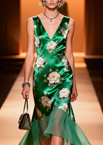 Women V Neck Print Patchwork Silk Dress Sleeveless