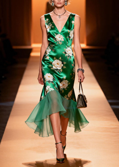 Women V Neck Print Patchwork Silk Dress Sleeveless