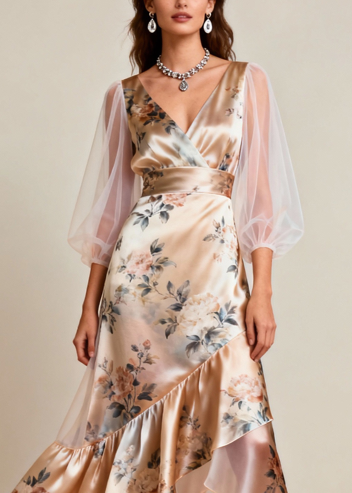 Women V Neck Print Tulle Patchwork Silk Dresses Sleeveless