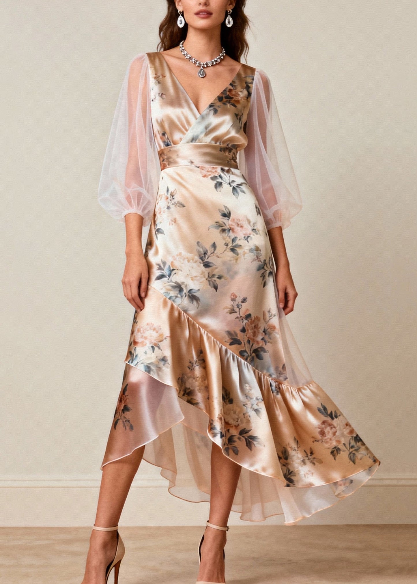 Women V Neck Print Tulle Patchwork Silk Dresses Sleeveless