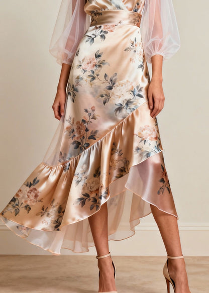 Women V Neck Print Tulle Patchwork Silk Dresses Sleeveless