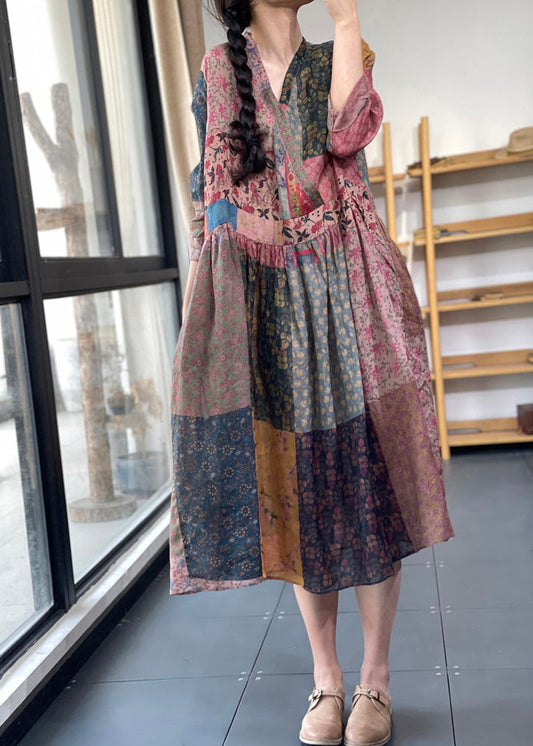 Damen V-Ausschnitt Print Falten Maxikleid Sommer