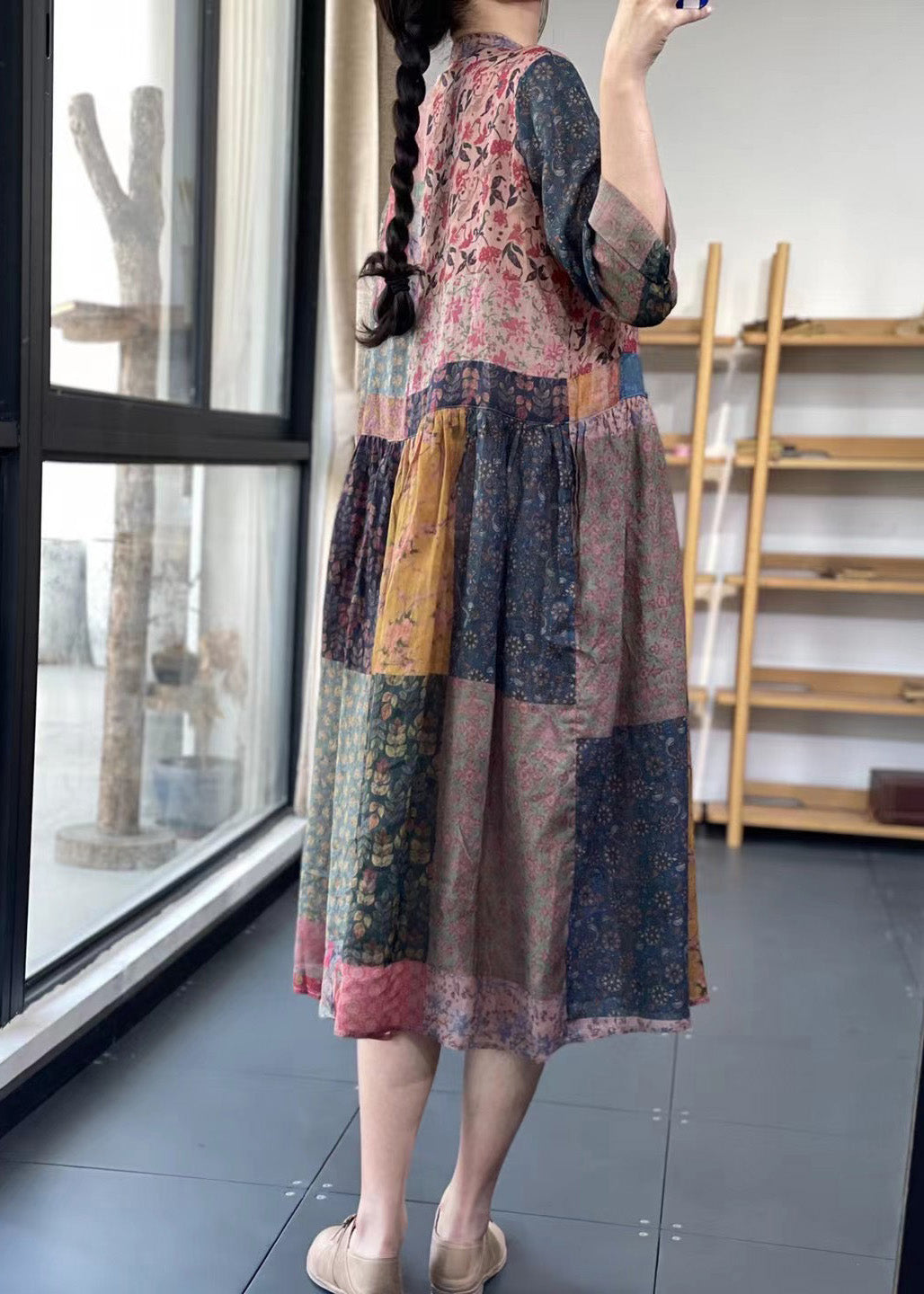 Damen V-Ausschnitt Print Falten Maxikleid Sommer