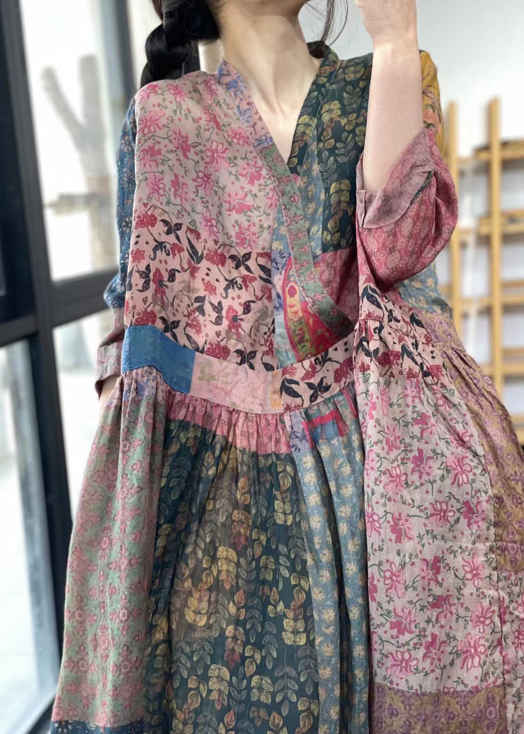 Damen V-Ausschnitt Print Falten Maxikleid Sommer