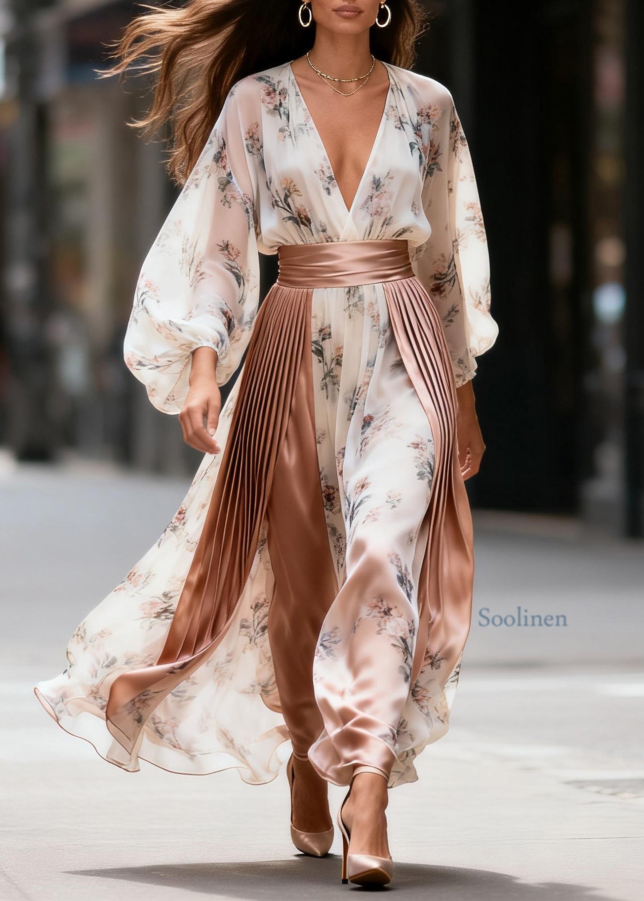 Women V Neck Print Wrinkled Patchwork Silk Long Dress Summer