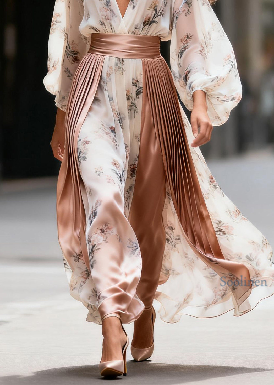 Women V Neck Print Wrinkled Patchwork Silk Long Dress Summer