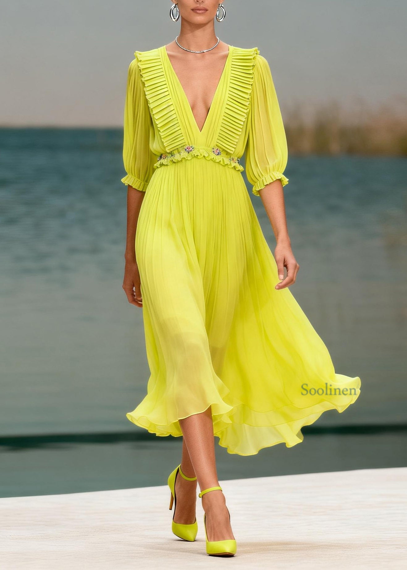 Women V Neck Ruffled Floral Chiffon Long Dress Summer