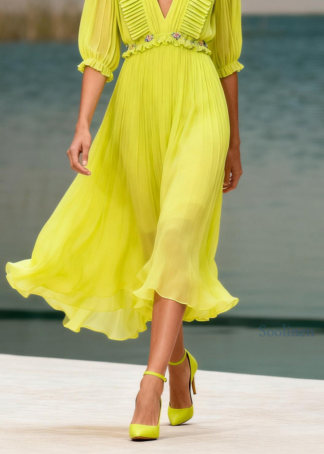 Women V Neck Ruffled Floral Chiffon Long Dress Summer