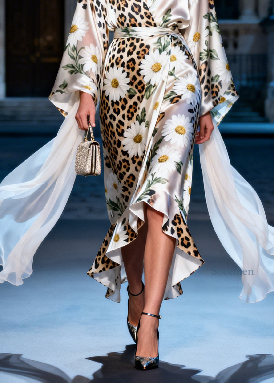 Women V Neck Ruffled Print Tie Waist Silk Long Dress Summer