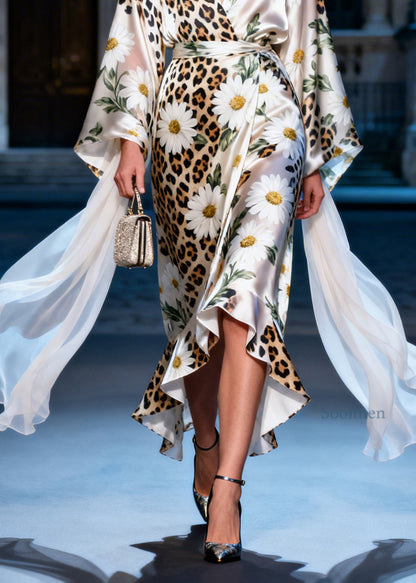 Women V Neck Ruffled Print Tie Waist Silk Long Dress Summer
