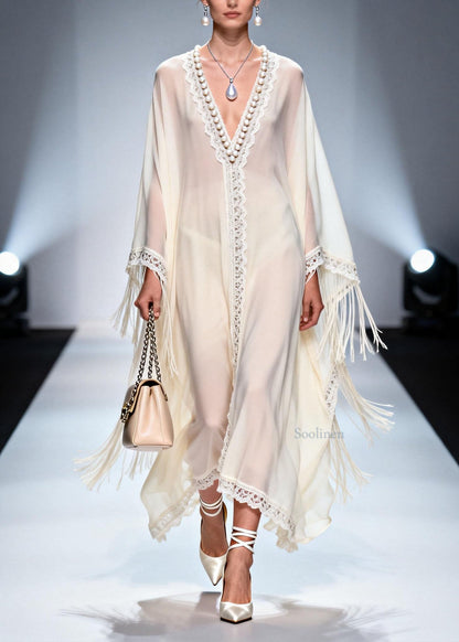 Women V Neck Tassel Nail Bead Patchwork Chiffon Dress Summer
